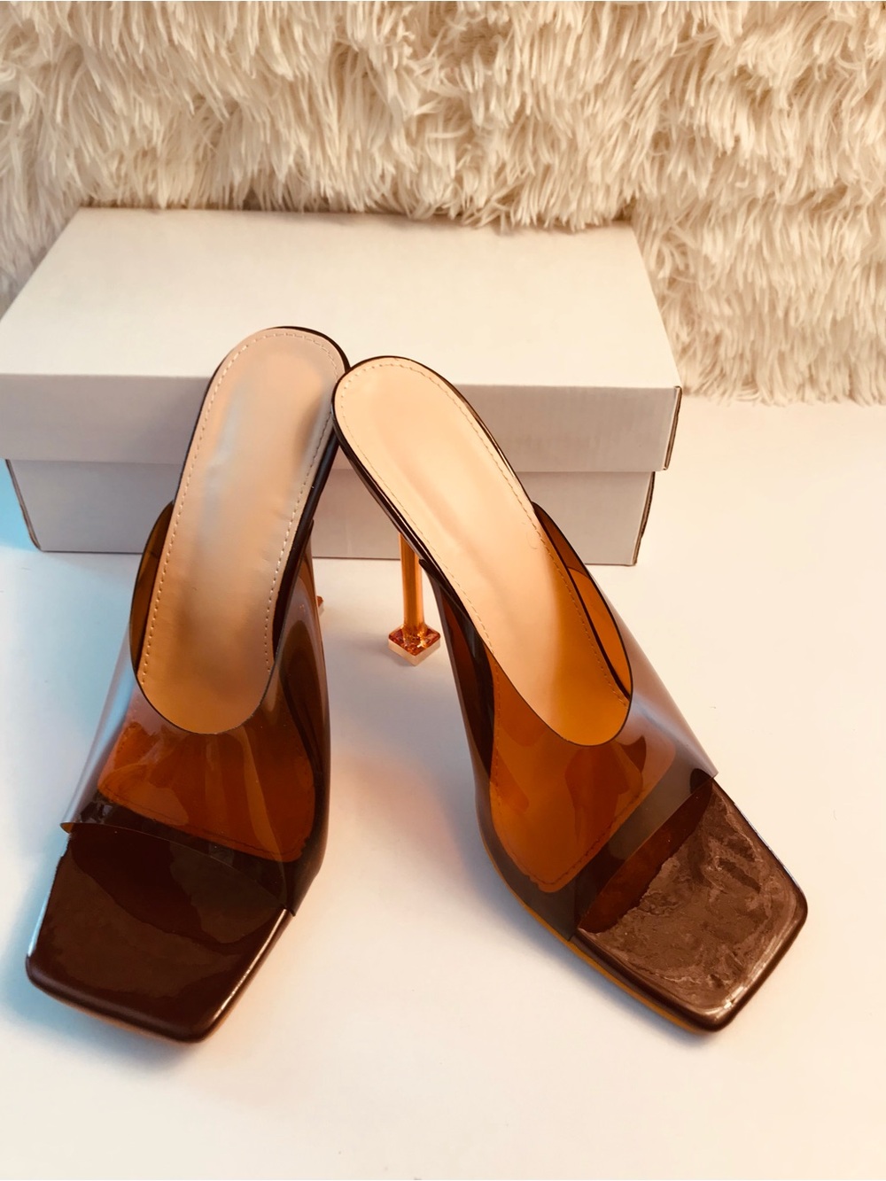 SHEIN Amber Transparent Brown Square Toe Mule Heels